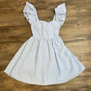 Loveriche Seersucker Smocked Mini Dress Ruffle Strap Tie Back Cutout Women Small
